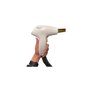2021 Lumenis Stellar M22 controller view showing a hand holding a treatment handpiece with gold-tipped applicator