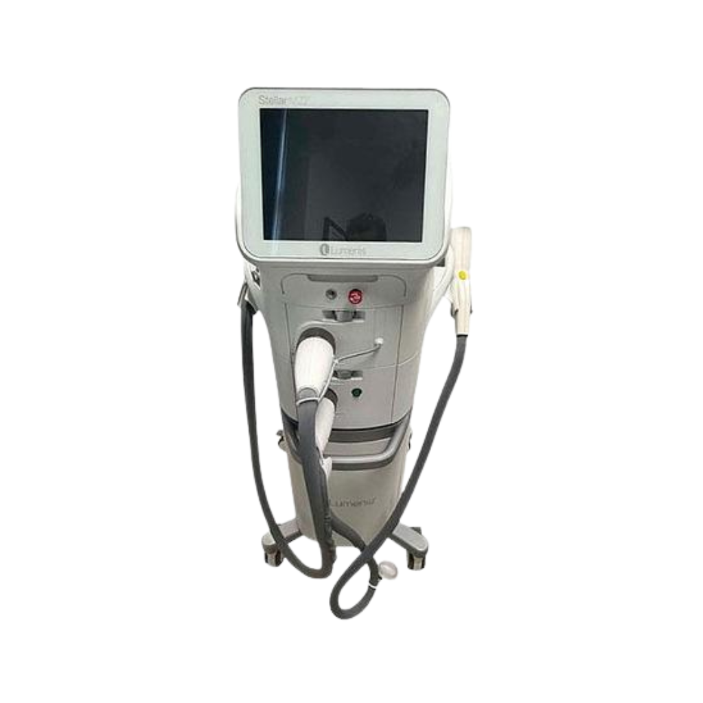 2021 Lumenis Stellar M22 front view showing the upright body with display screen and handpiece cable attached
