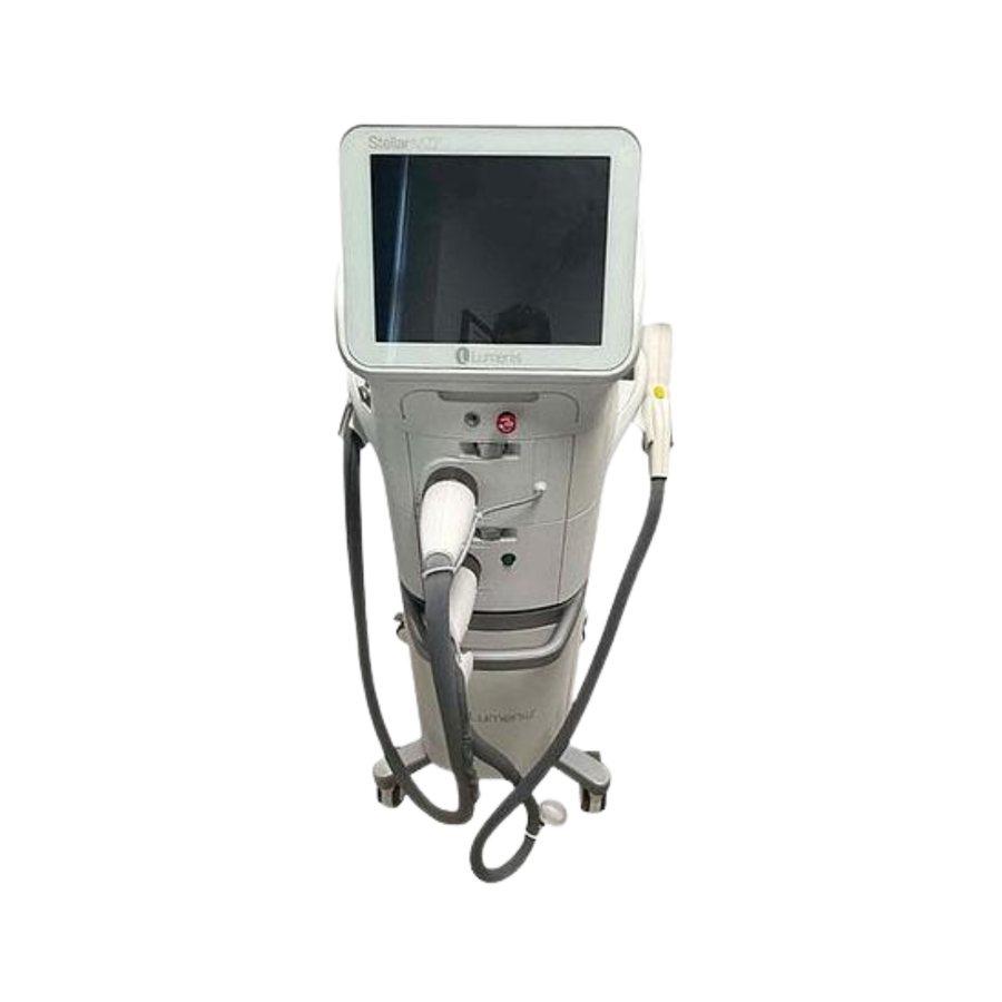2021 Lumenis Stellar M22 front view showing the upright body with display screen and handpiece cable attached