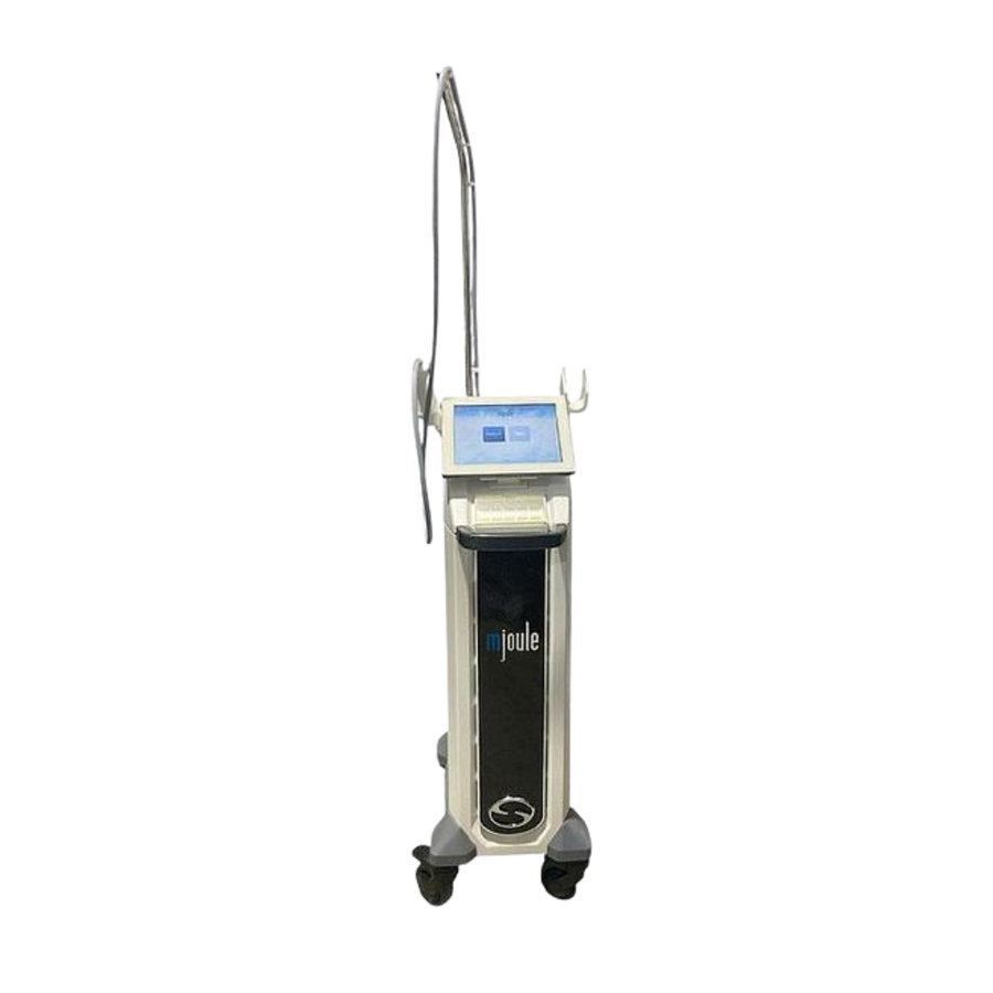 2021 Sciton mJoule with Moxi_BBL_HERO front view showing the upright body with display screen, handpiece cable, and rolling base