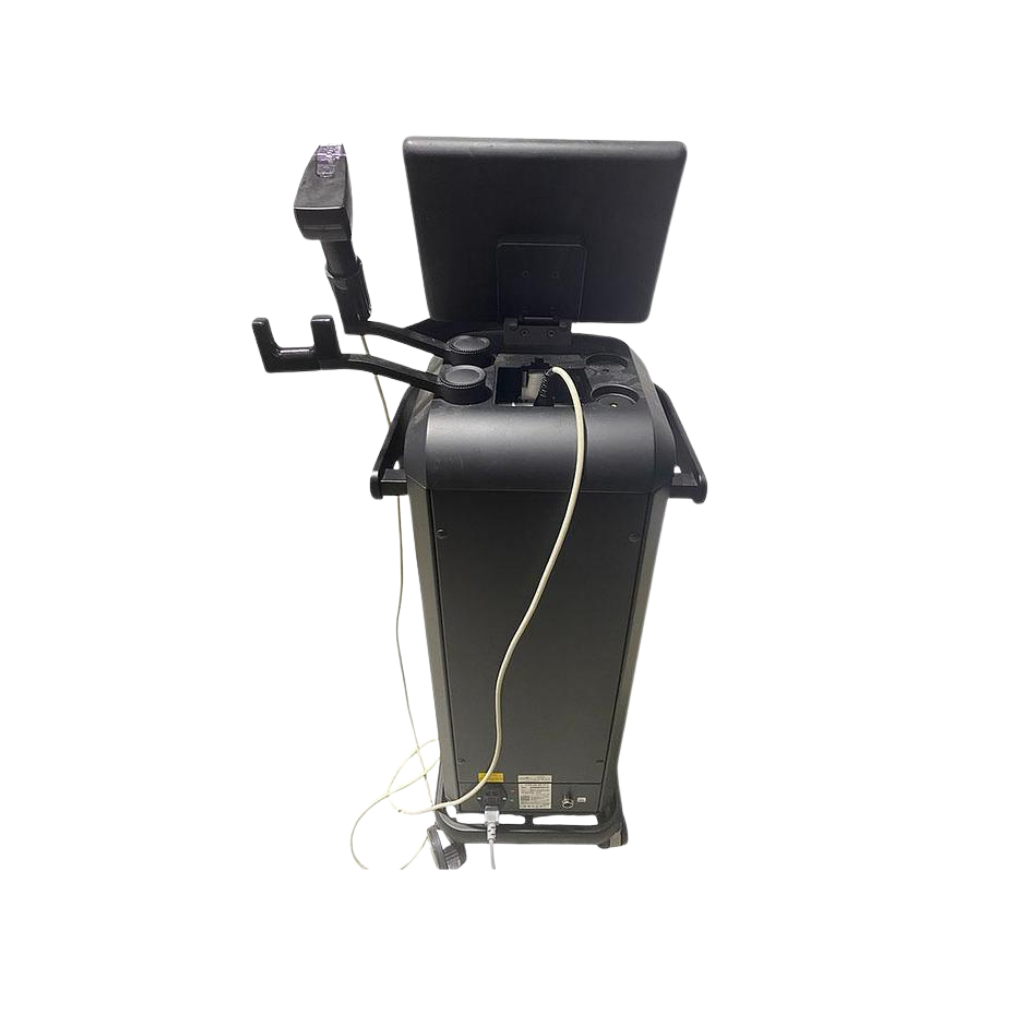 InMode Empower RF system showing the touchscreen display from the back, treatment handpiece holders, and wheeled base.