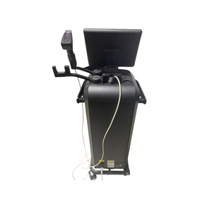 InMode Empower RF system showing the touchscreen display from the back, treatment handpiece holders, and wheeled base.