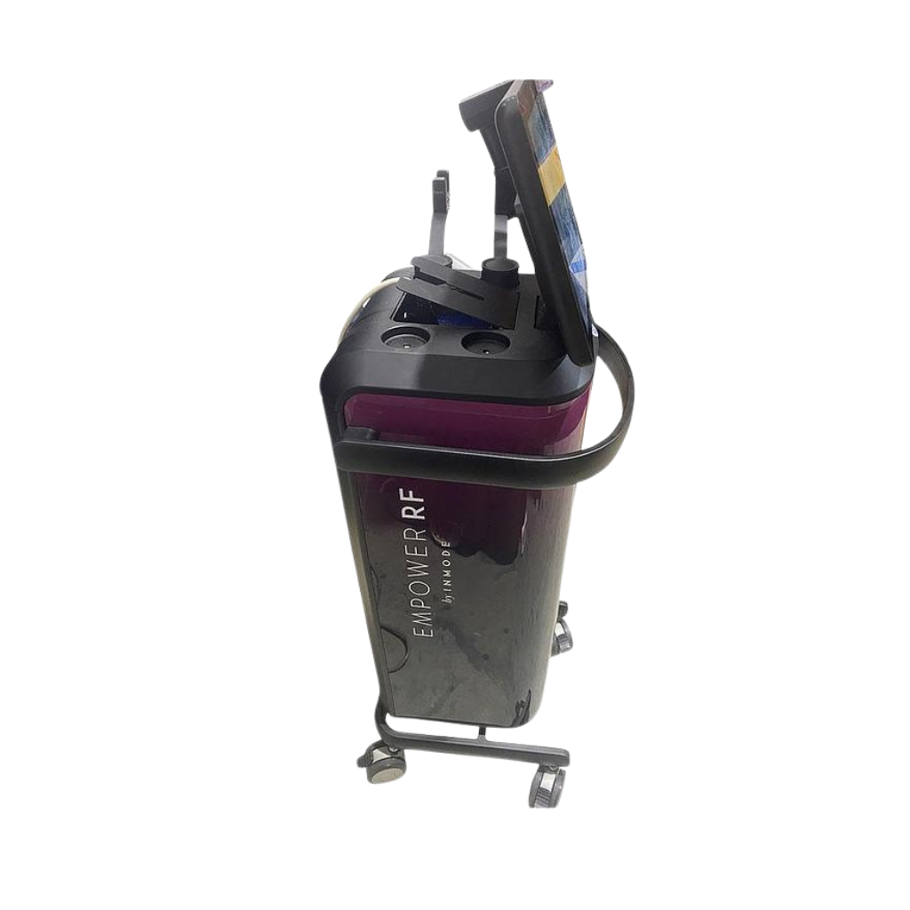 Side view of the InMode Empower RF system on a wheeled stand, showing the main console and attached treatment handpieces.