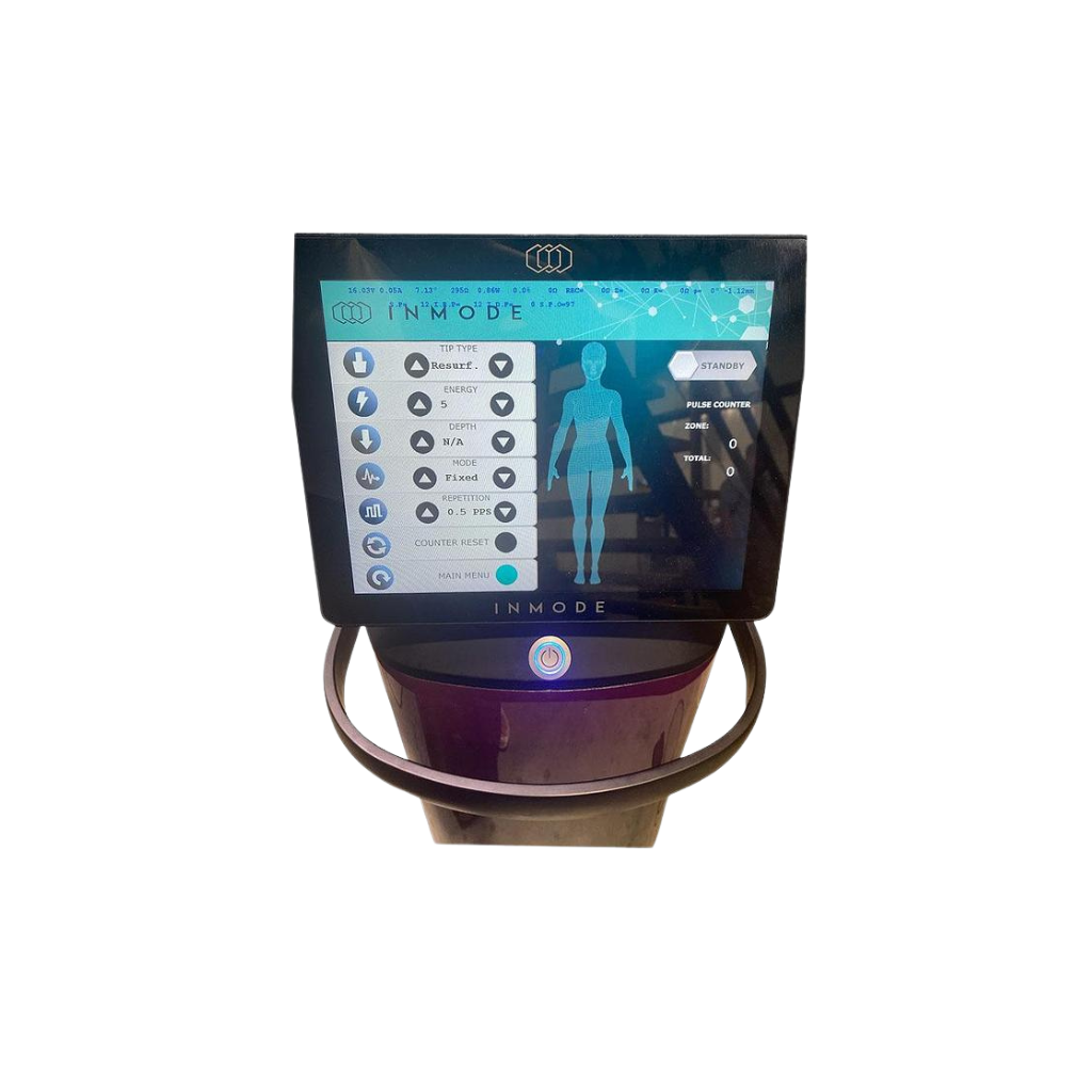 InMode Empower RF touchscreen control panel displaying treatment settings and device controls.