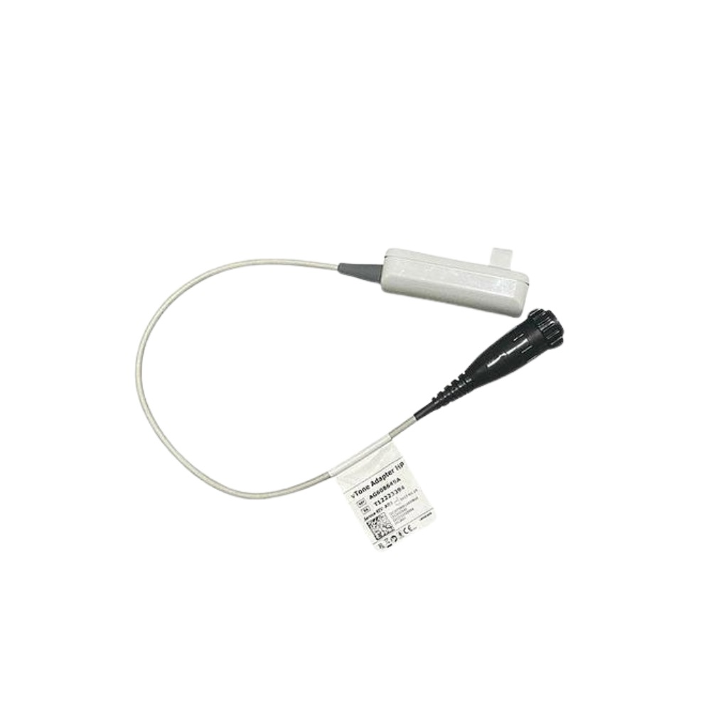 Small handheld treatment accessory with a white cable, black tip, and white connector.
