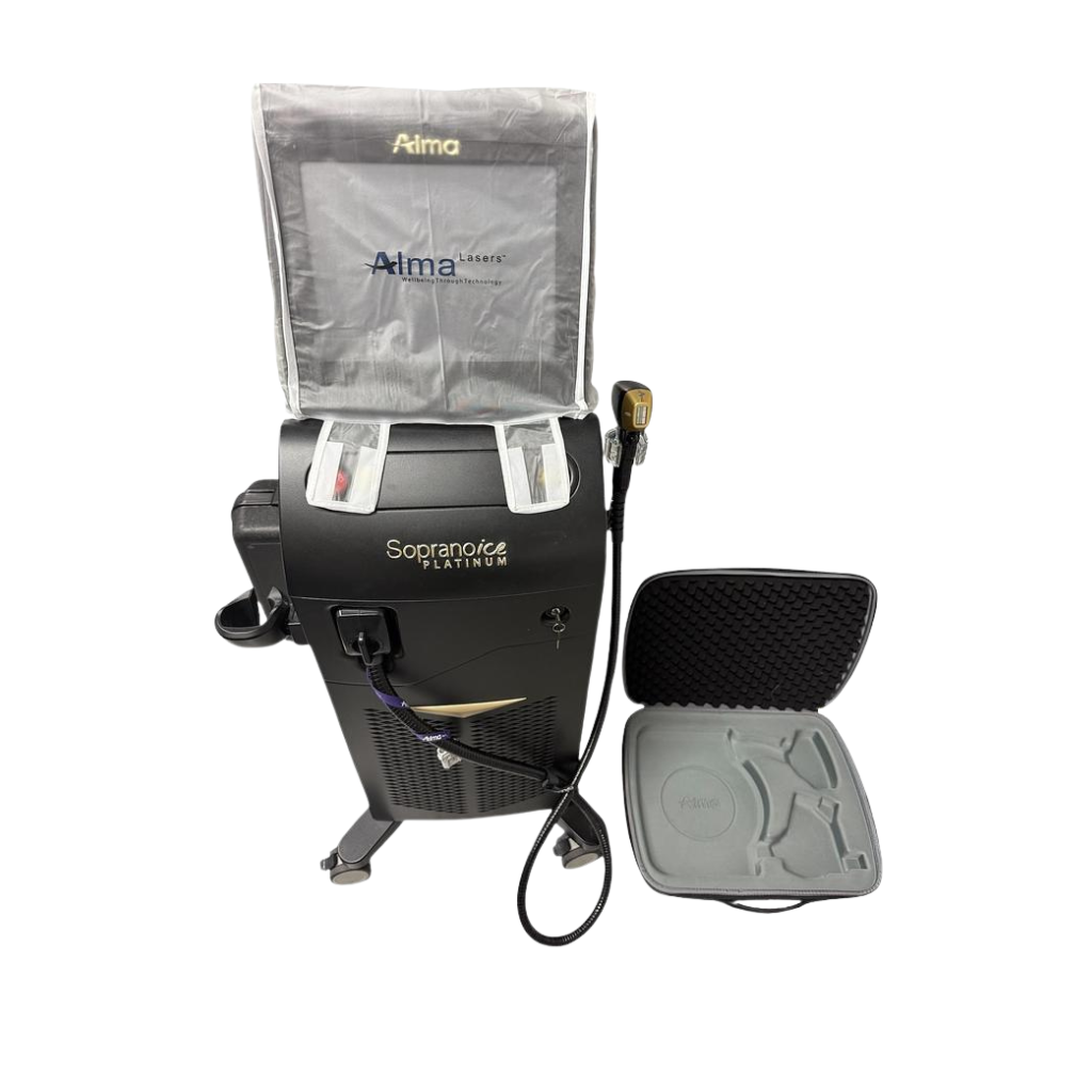 2022 Alma Soprano Console ICE Platinum front view showing the upright body with plastic protective cover and handpiece holder