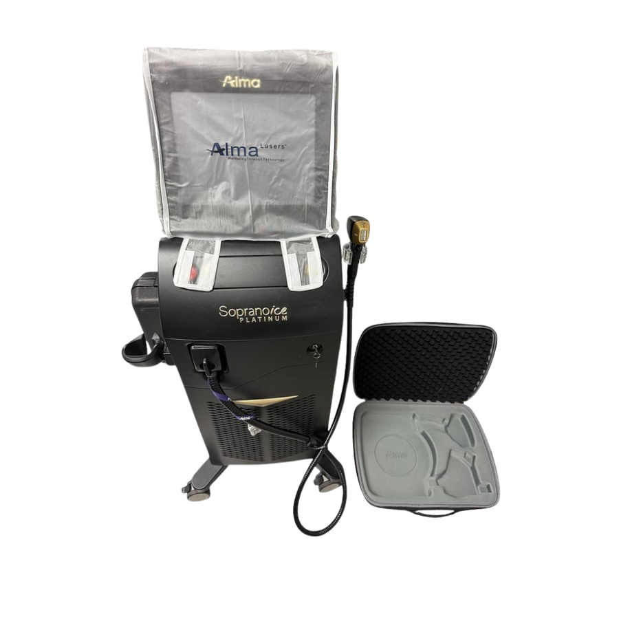 2022 Alma Soprano Console ICE Platinum front view showing the upright body with plastic protective cover and handpiece holder