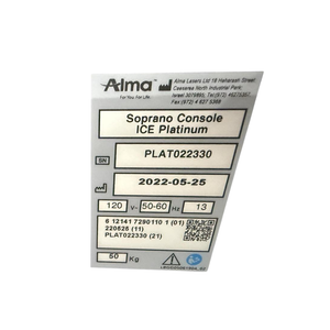 2022 Alma Soprano Console ICE Platinum serial number view showing the rear label with model, serial number, manufacture date, and rating information