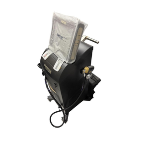 2022 Alma Soprano Console ICE Platinum side view showing the upright body with plastic protective cover and handpiece attached