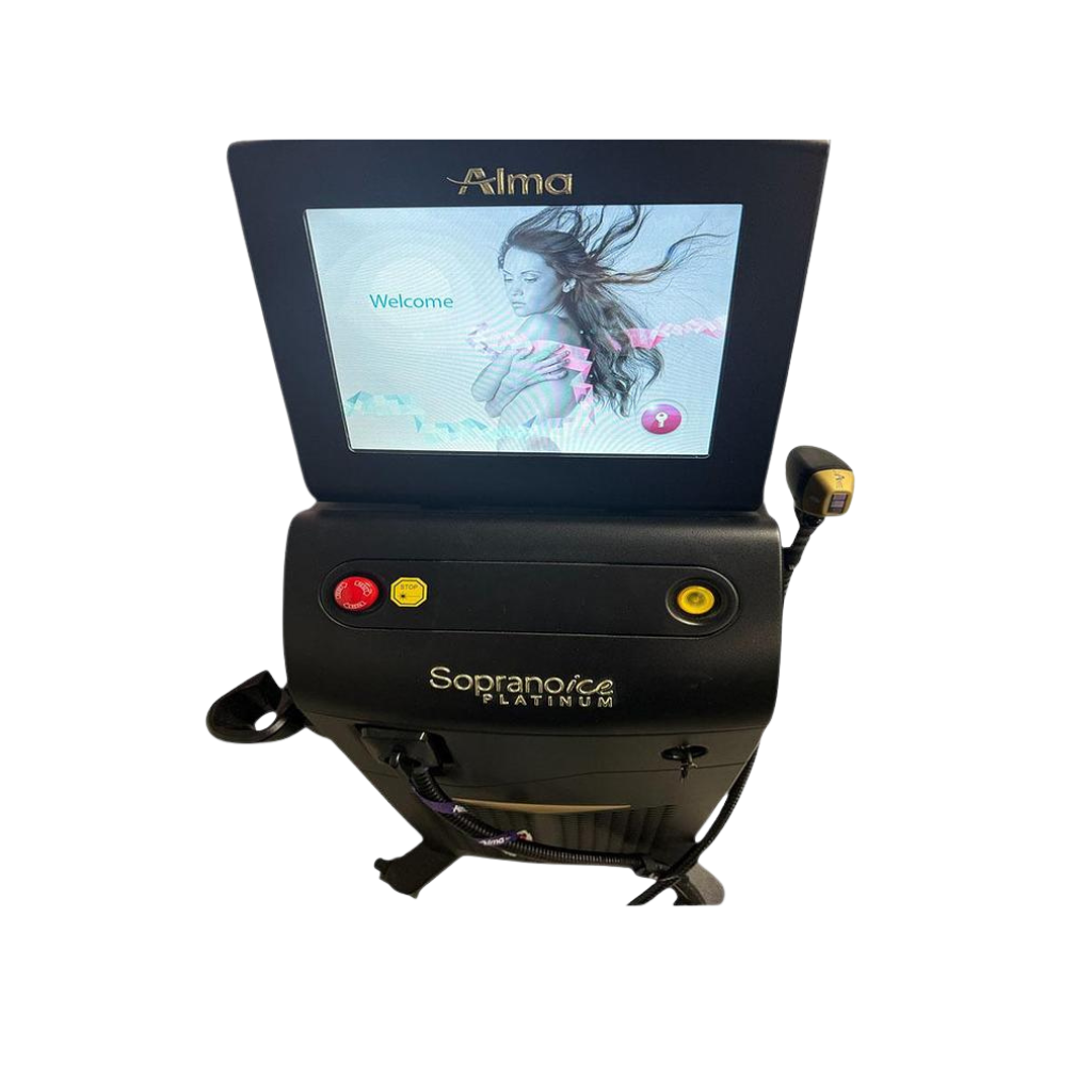022 Alma Soprano Console ICE Platinum top view showing the display screen tilted upward, red and yellow control buttons, and handpiece attached