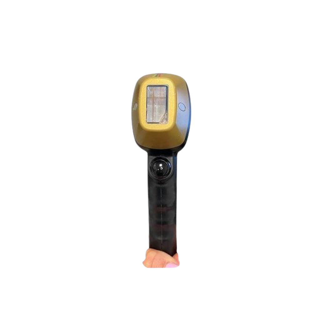 2022 Alma Soprano ICE Platinum controller view 2 showing a hand holding the yellow and black handpiece with digital display