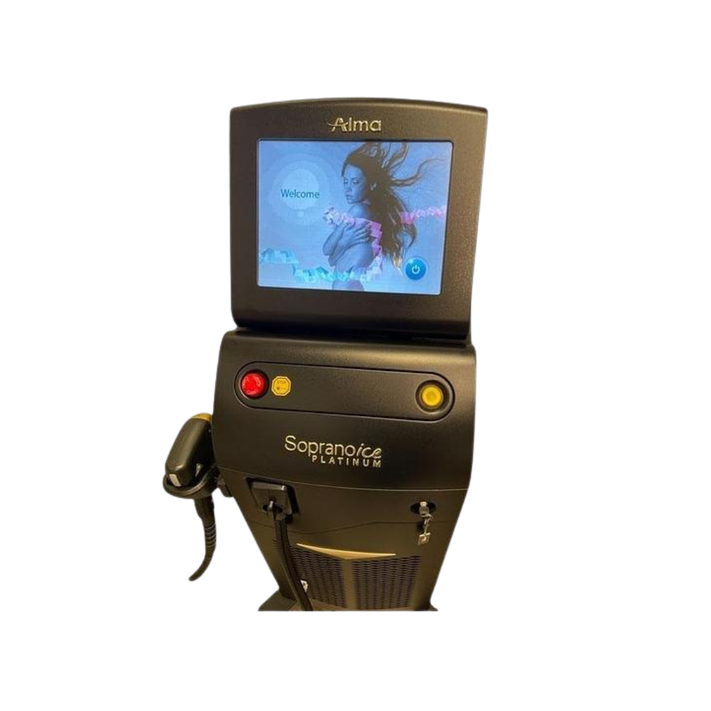 2022 Alma Soprano ICE Platinum front view showing the upright body with display screen and red and yellow control buttons