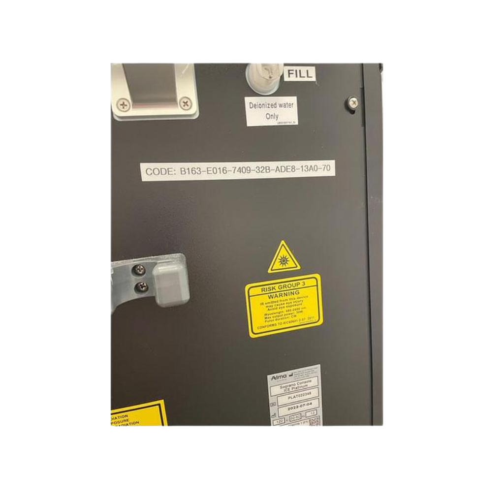2022 Alma Soprano ICE Platinum serial number view showing the rear panel with warning labels and manufacturer information plate