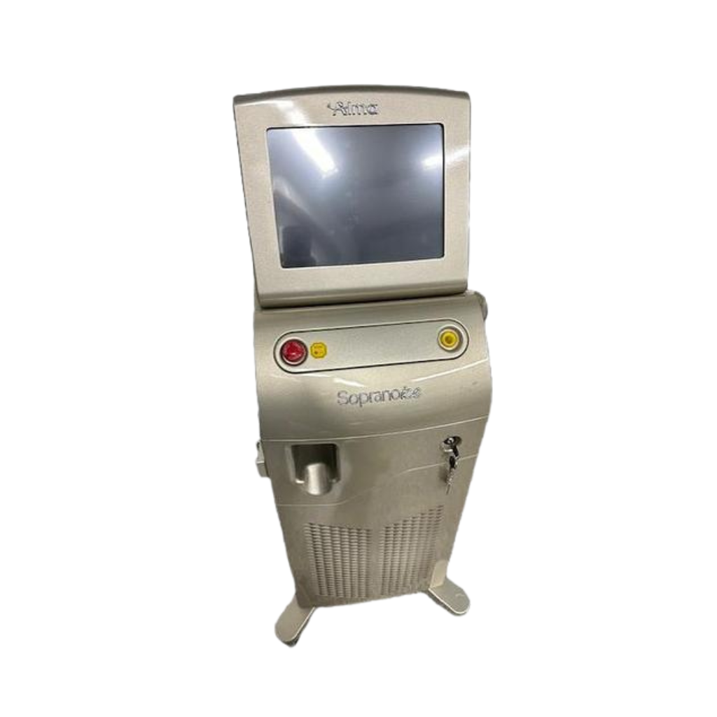 2022 Alma Soprano Ice front view showing the upright body with display screen, red and yellow control buttons, and rolling base