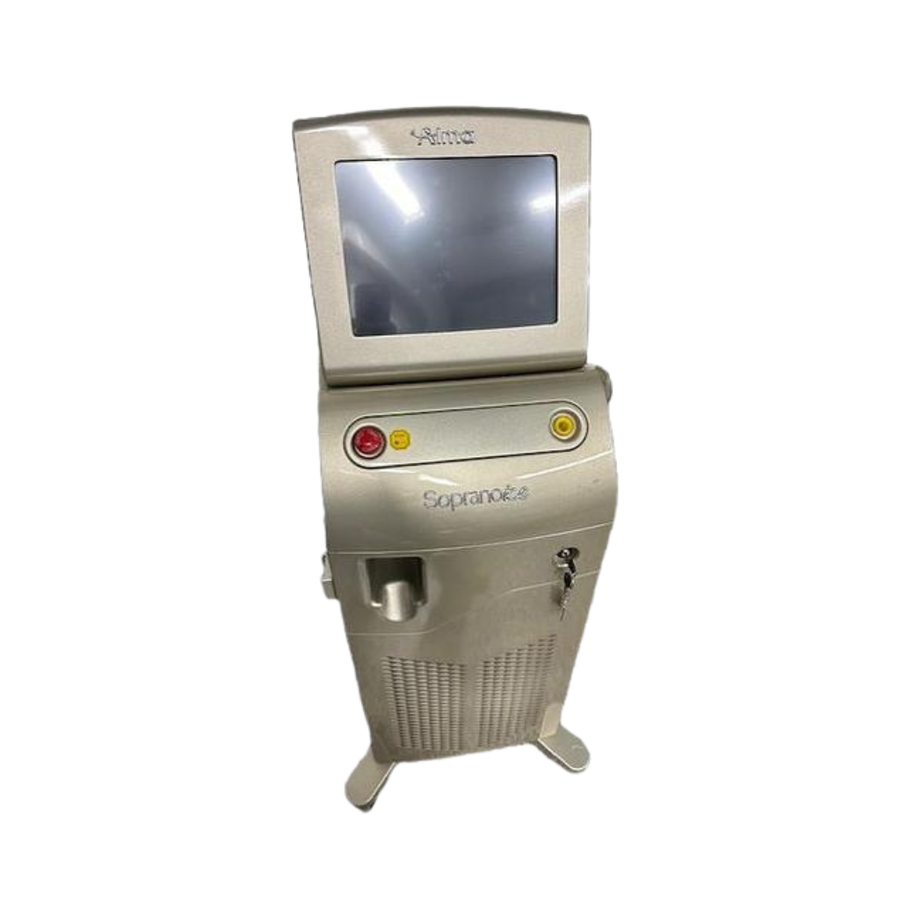 2022 Alma Soprano Ice front view showing the upright body with display screen, red and yellow control buttons, and rolling base