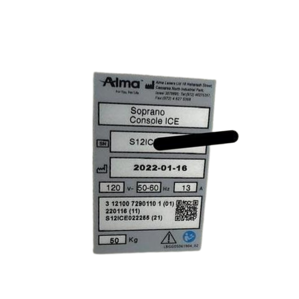 2022 Alma Soprano Ice serial number view showing the rear label with model, serial number, manufacture date, and rating information