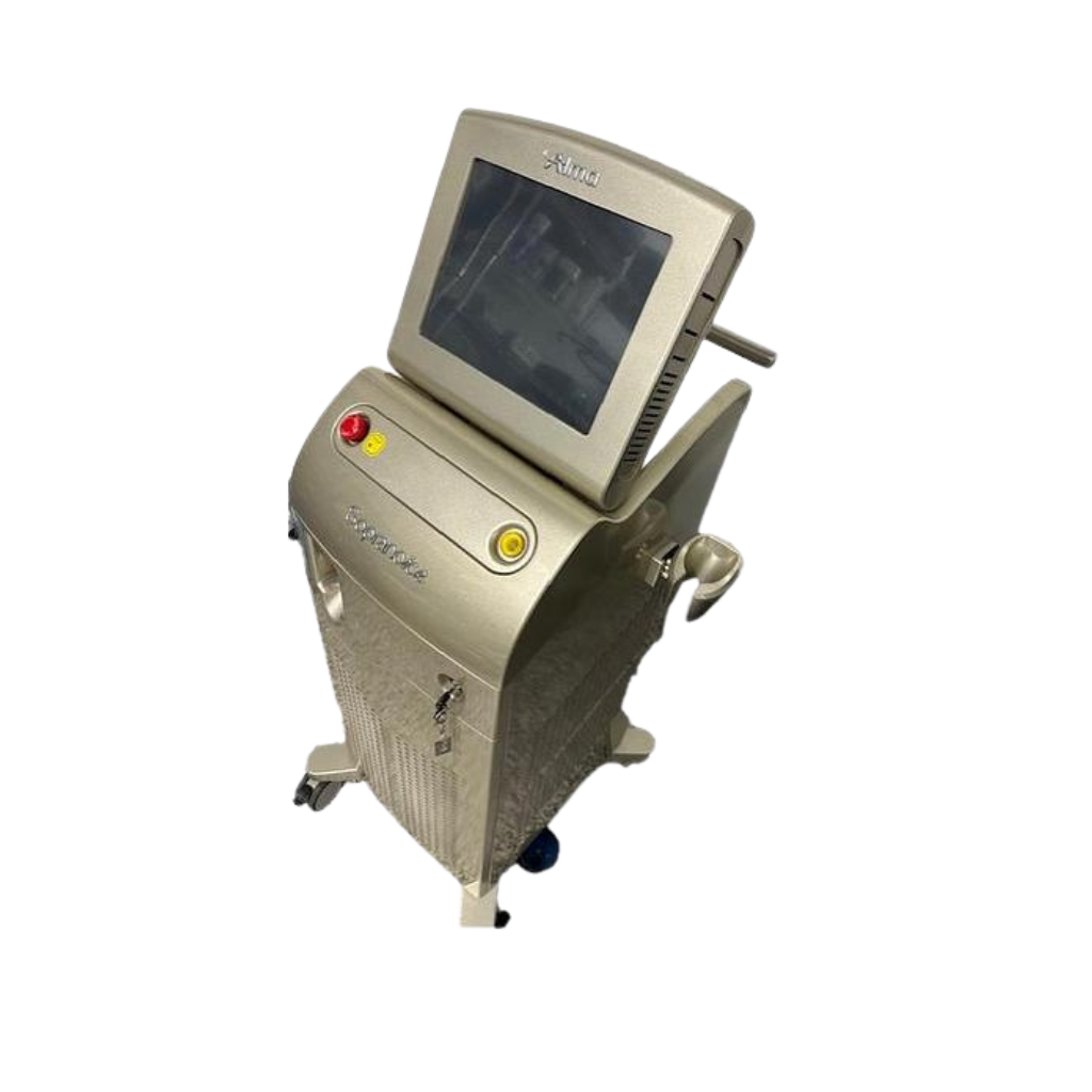 2022 Alma Soprano Ice side view showing the upright body with display screen tilted, side handle, and red and yellow control buttons