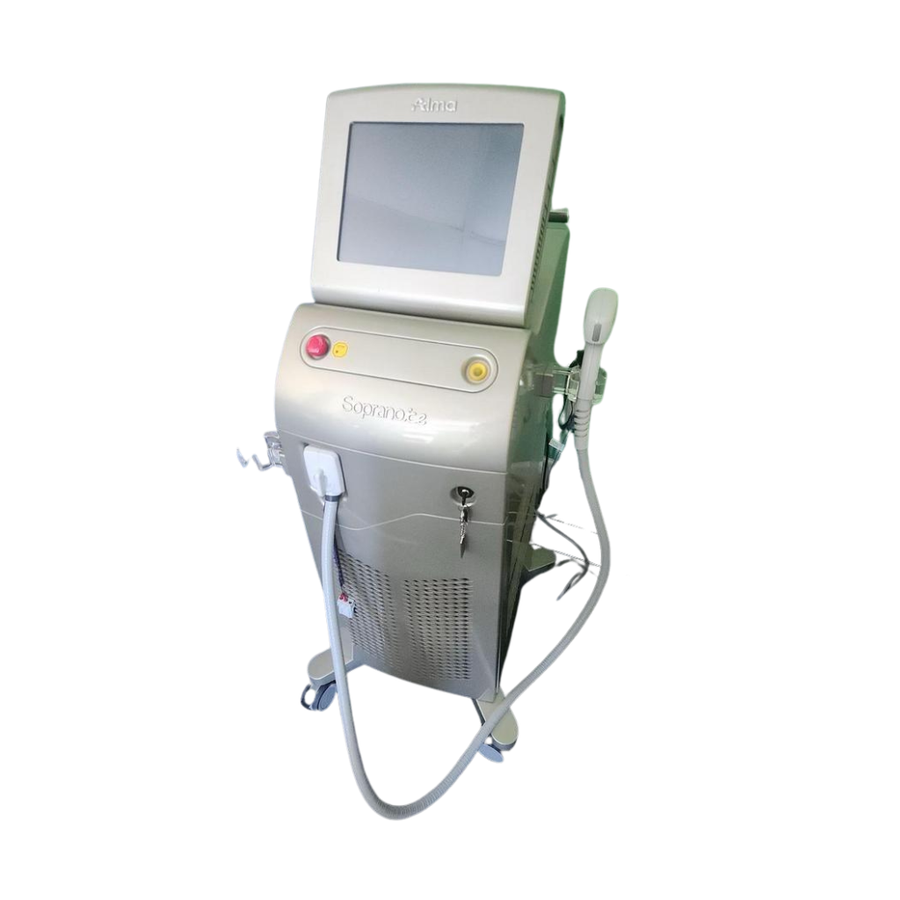 2022 Alma Soprano Ice front view showing the upright body with display screen, red and yellow control buttons, and handpiece attached at the side