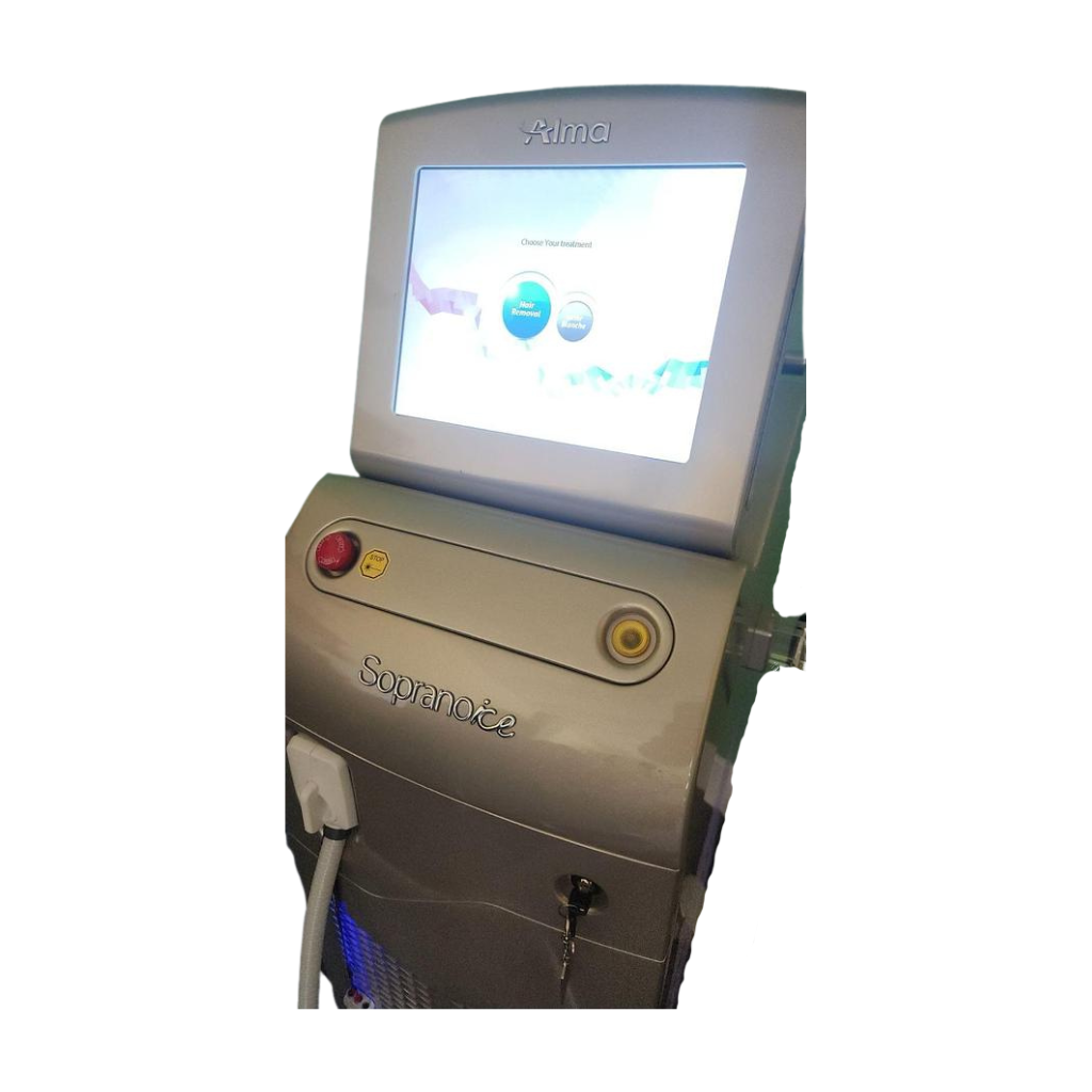 2022 Alma Soprano Ice screen view showing the display screen with graphic interface active, red and yellow control buttons, and handpiece cable attached