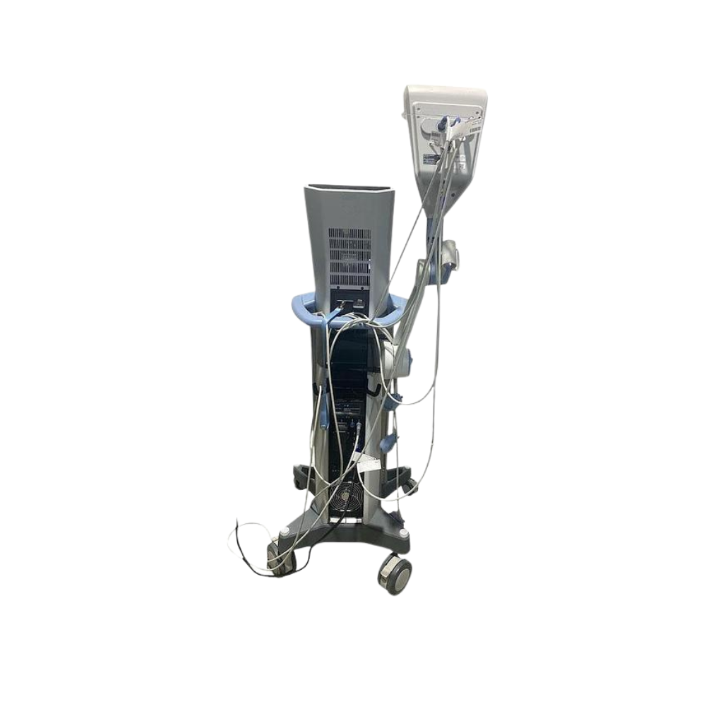 2022 BTL Emface back view showing the upright body with display screen, treatment applicators, and rolling base