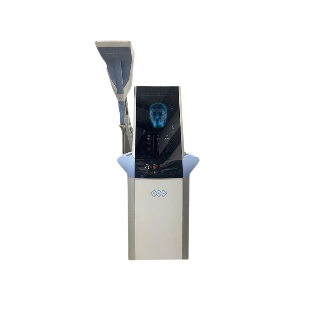 2022 BTL Emface screen view showing the display screen with a facial treatment graphic and applicators attached