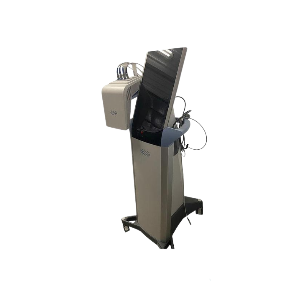 2022 BTL Emface left side view showing the upright body with display screen, treatment applicators, and rolling base