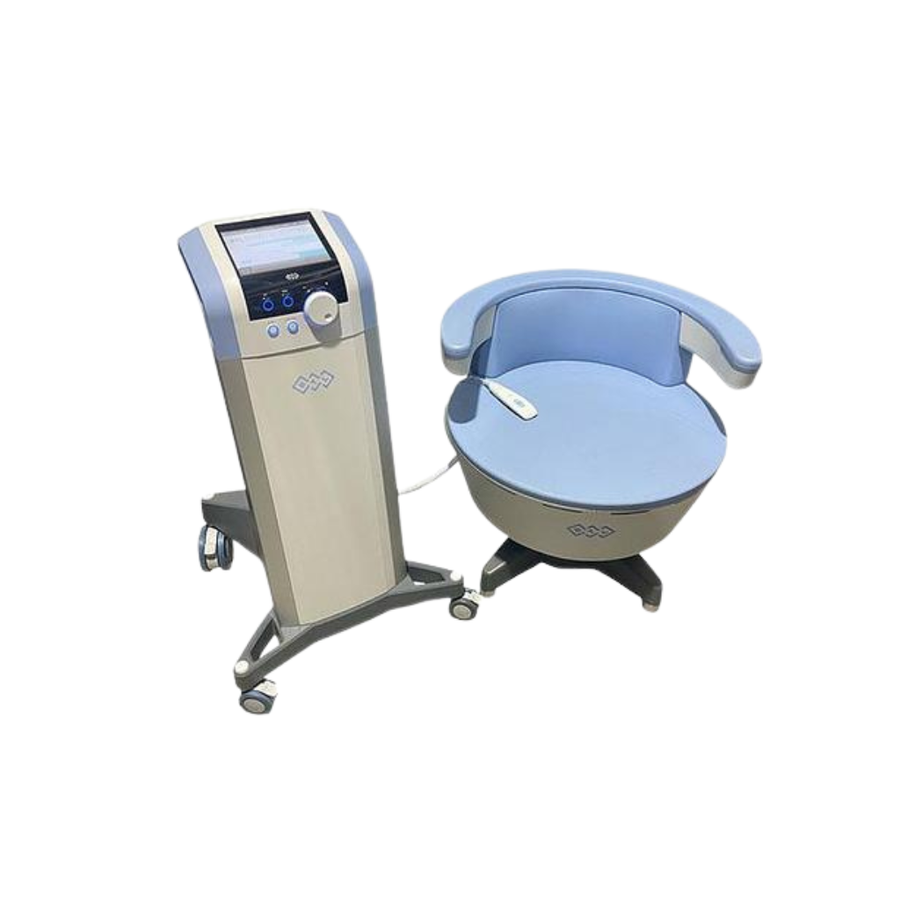 2022 BTL Emsella Chair front view showing the upright control unit with display screen beside the treatment chair