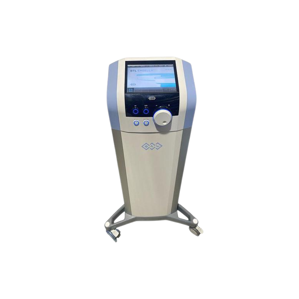 2022 BTL Emsella Chair no chair view showing only the upright control unit with display screen and rolling base