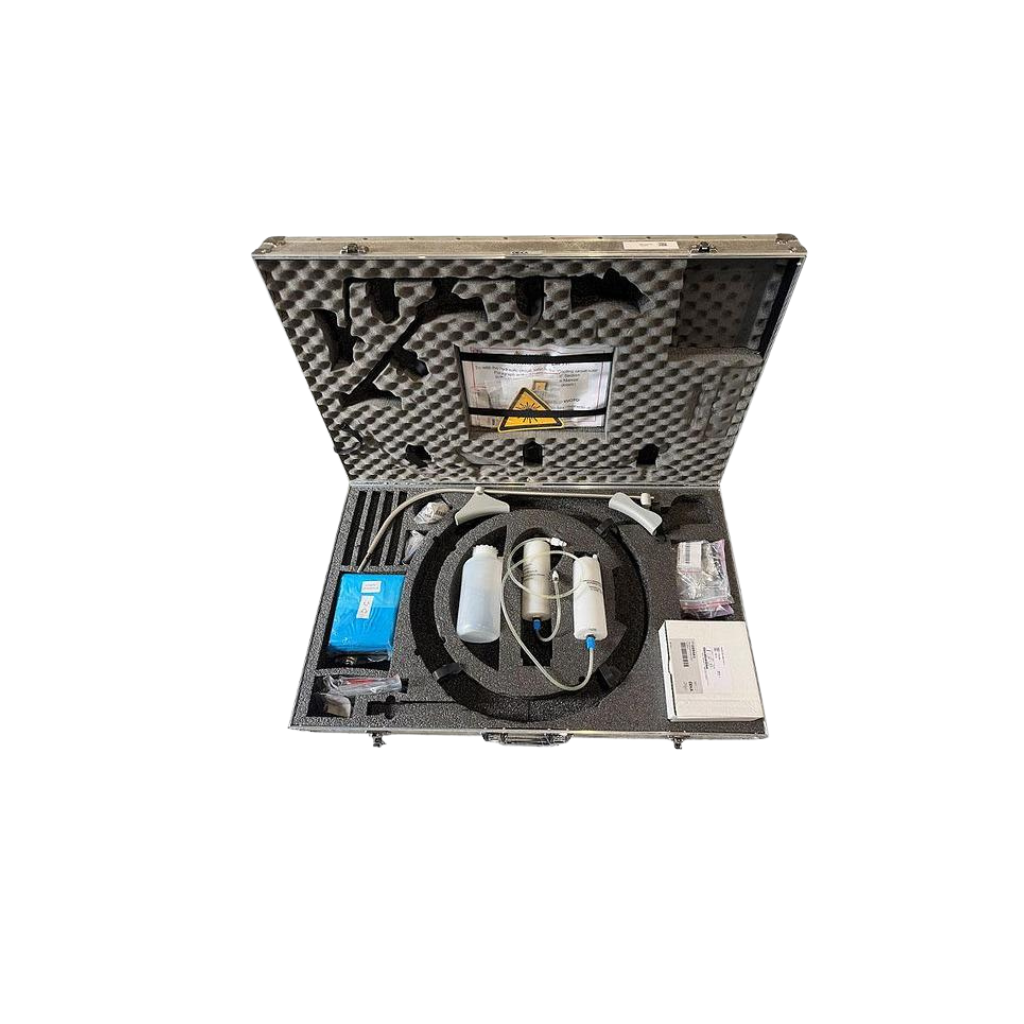 2022 DEKA Motus AZ+ attachments view showing a hard carrying case with handpieces, cables, and connector accessories