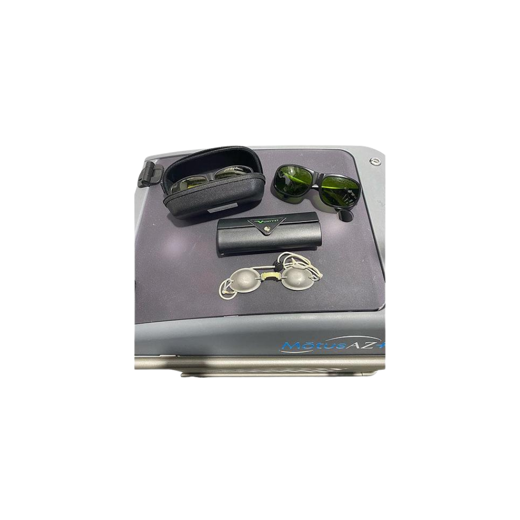2022 DEKA Motus AZ+ eye protection view showing protective goggles and eye shields laid out on the device casing