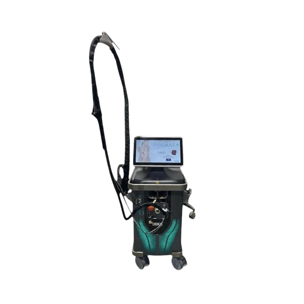 2022 DEKA Motus AZ+ front view showing the compact body with display screen, handpiece cable, and rolling base