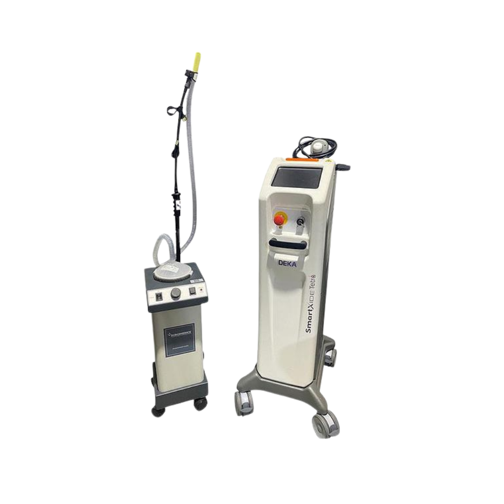2022 DEKA SmartXide Tetra stand view showing the laser unit positioned beside a separate smoke evacuator with an articulated extraction arm