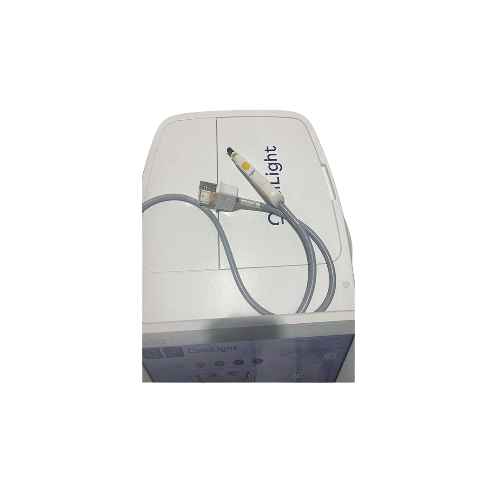 2022 Lumenis Stellar M22 OptiLight cables view showing the connector panel with cable attached to the OptiLight handpiece head