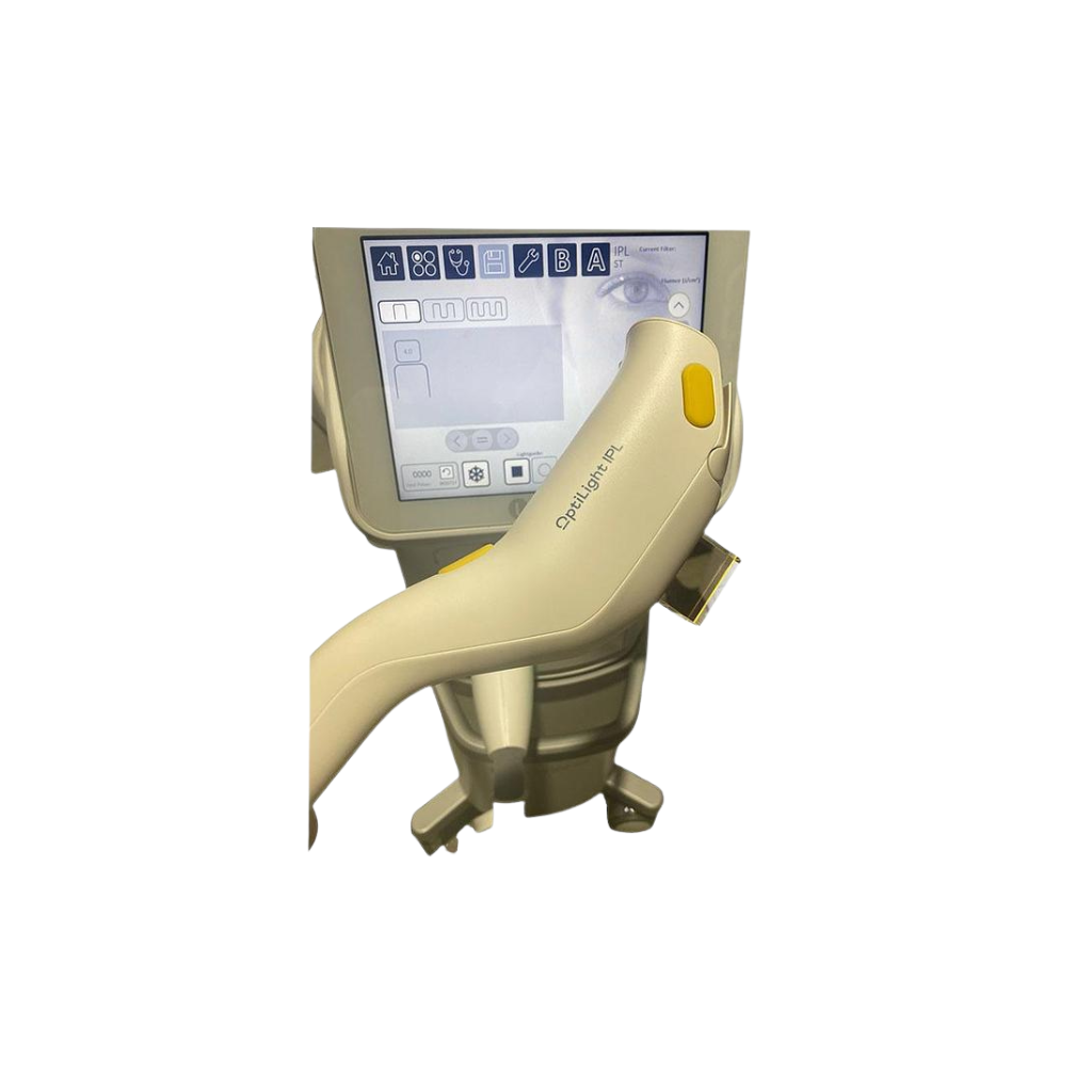 2022 Lumenis Stellar M22 OptiLight controller view showing the handpiece attached to the display screen with control buttons