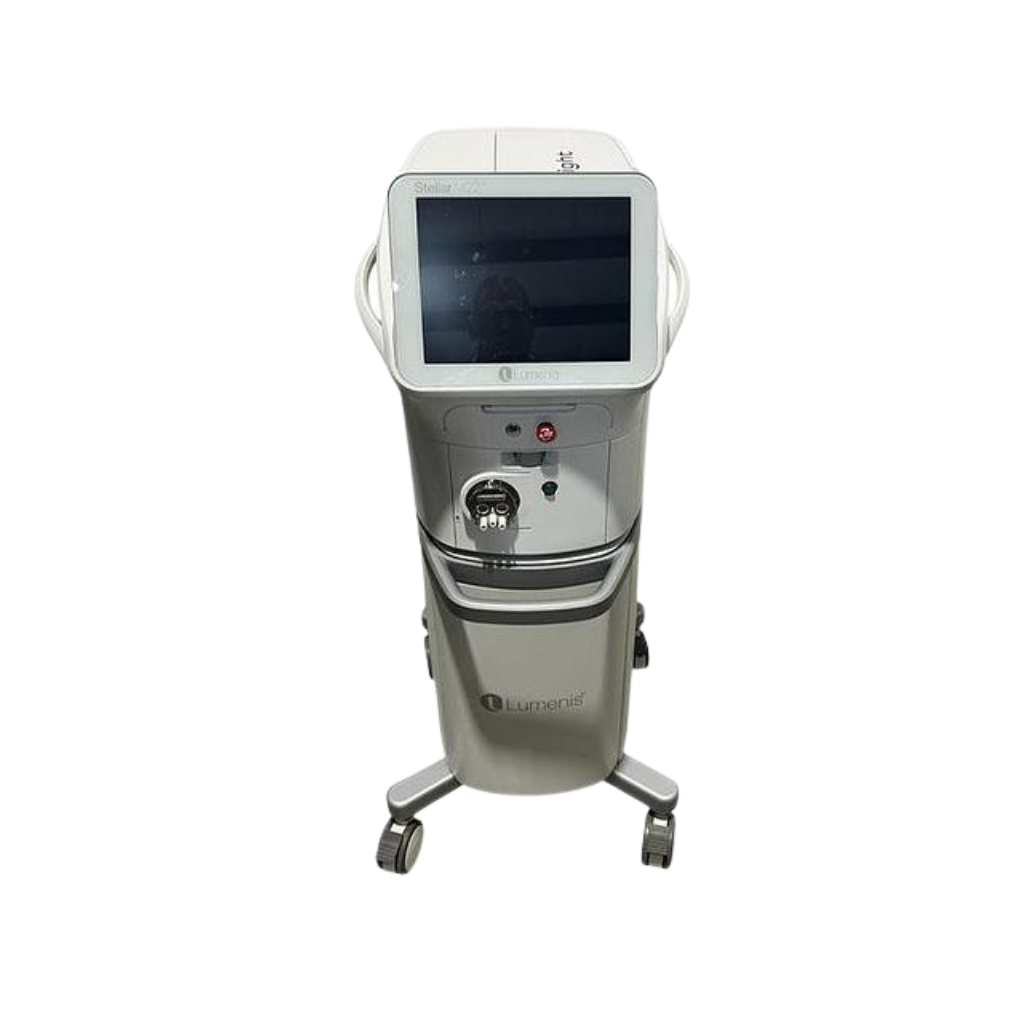2022 Lumenis Stellar M22 OptiLight front view showing the upright body with display screen, handpiece head, and rolling base