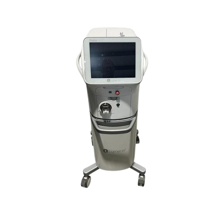 2022 Lumenis Stellar M22 OptiLight front view showing the upright body with display screen, handpiece head, and rolling base