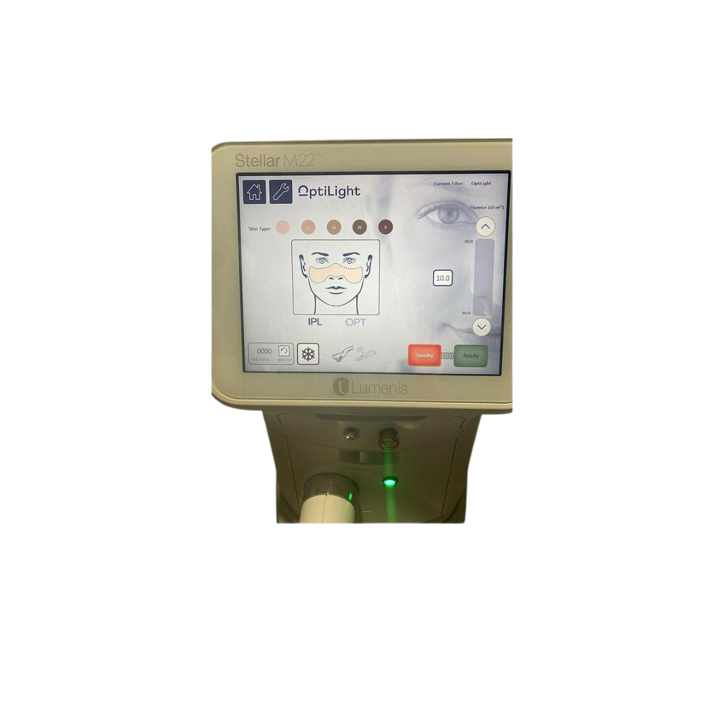 2022 Lumenis Stellar M22 OptiLight screen view 3 showing the display screen with a facial treatment graphic