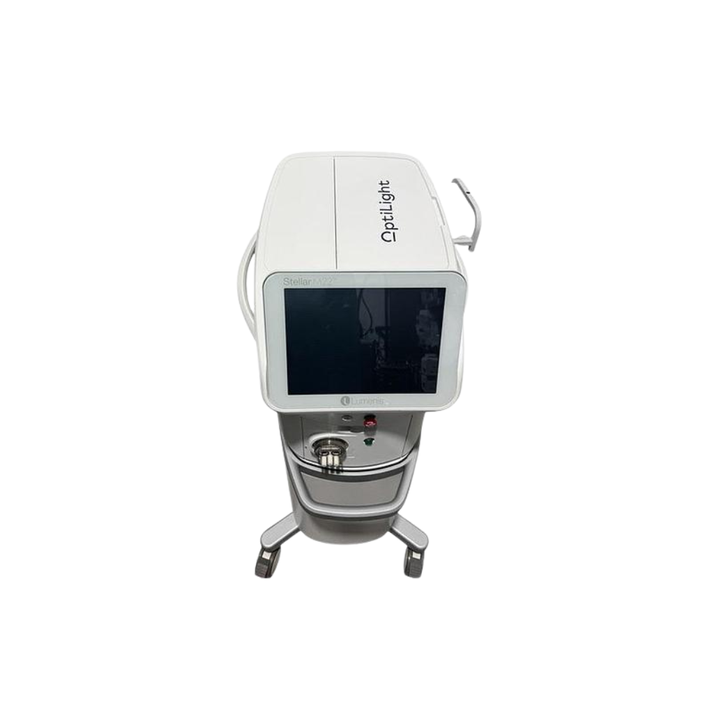 2022 Lumenis Stellar M22 OptiLight top view showing the handpiece head with display screen and rolling base below