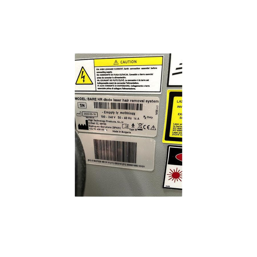 2022 Sciton Bare HR serial number view showing the rear label with warning icon, barcode, and manufacturer information