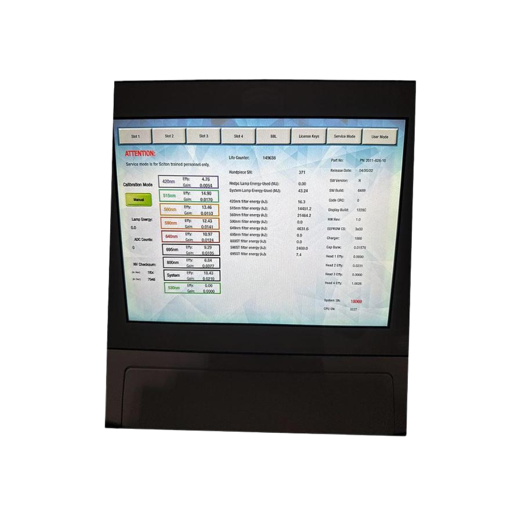 2022 Sciton Joule w_Hero Halo screen view showing the display screen with treatment menu and settings list