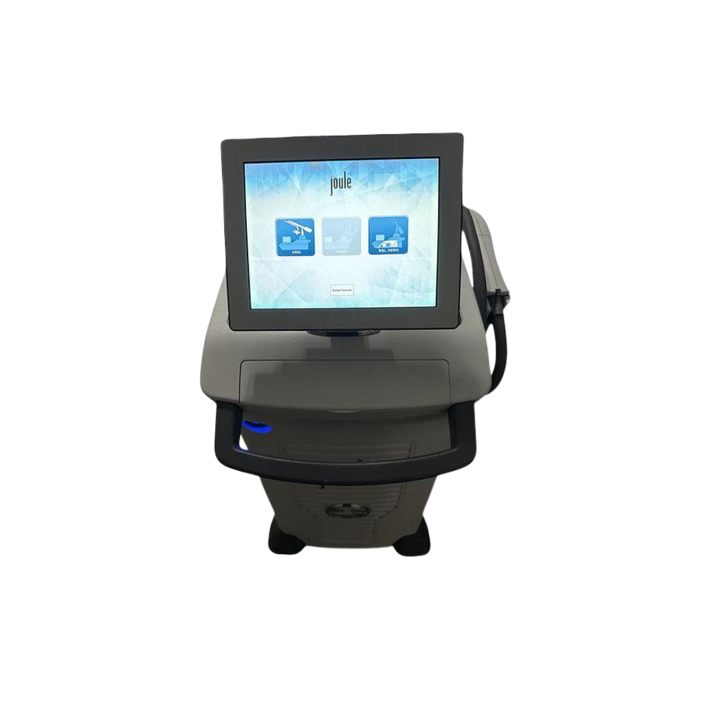 2022 Sciton Joule w_Hero Halo top view showing the display screen with handpiece attached above the control panel