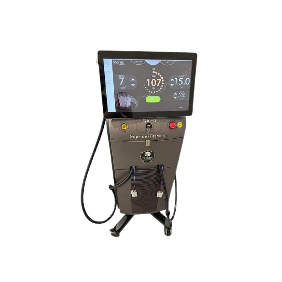 2023 Alma Soprano Titanium front view showing the upright body with touchscreen display and tripod base
