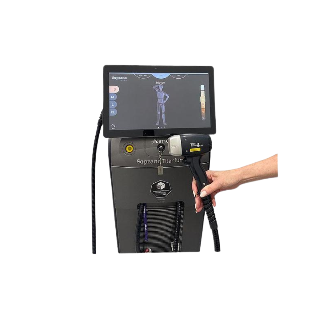 2023 Alma Soprano Titanium screen view showing a hand adjusting the touchscreen display with the handpiece resting in its holder