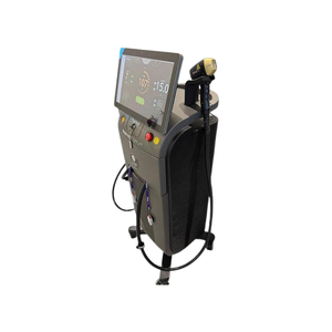 2023 Alma Soprano Titanium side view showing the upright body with touchscreen display, side vents, and handpiece cable attached