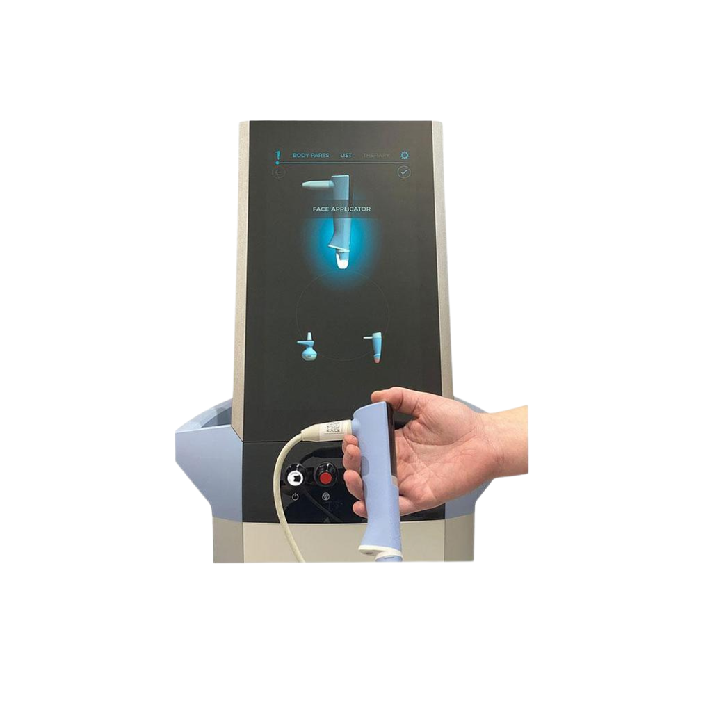 Controller 3 – 2023 BTL EXION controller view 3 showing a hand holding a treatment handpiece with the display screen showing setting icons