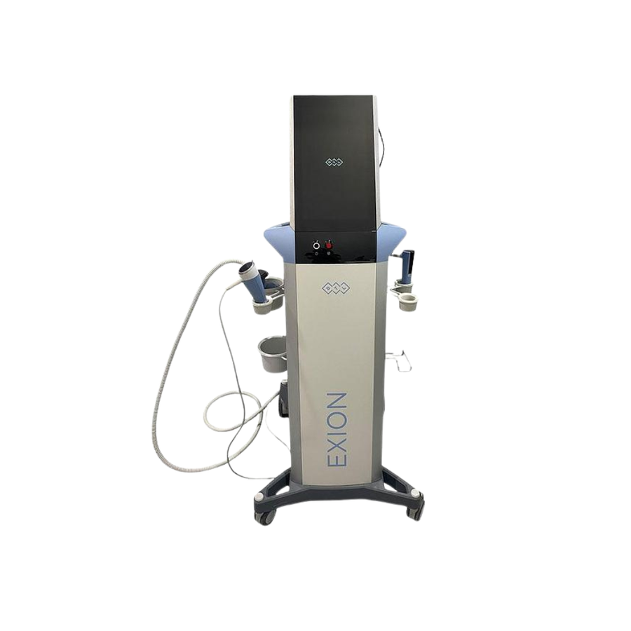 2023 BTL EXION front view showing the upright body with display screen, handpiece cables, and rolling base