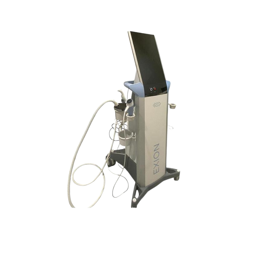 2023 BTL EXION right side view showing the upright body with display screen, handpiece cables, and rolling base