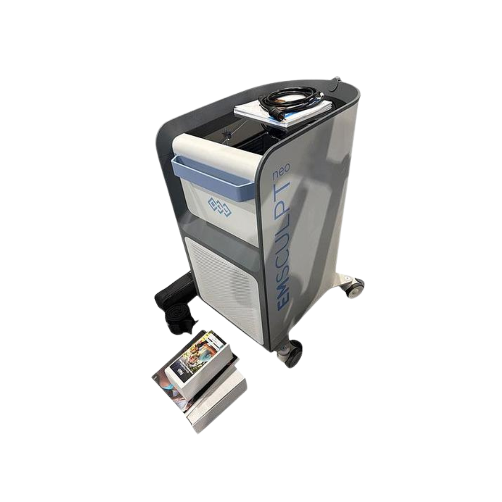 2023 BTL Emsculpt Neo side view showing the upright body with side handle, applicator holder, and rolling base