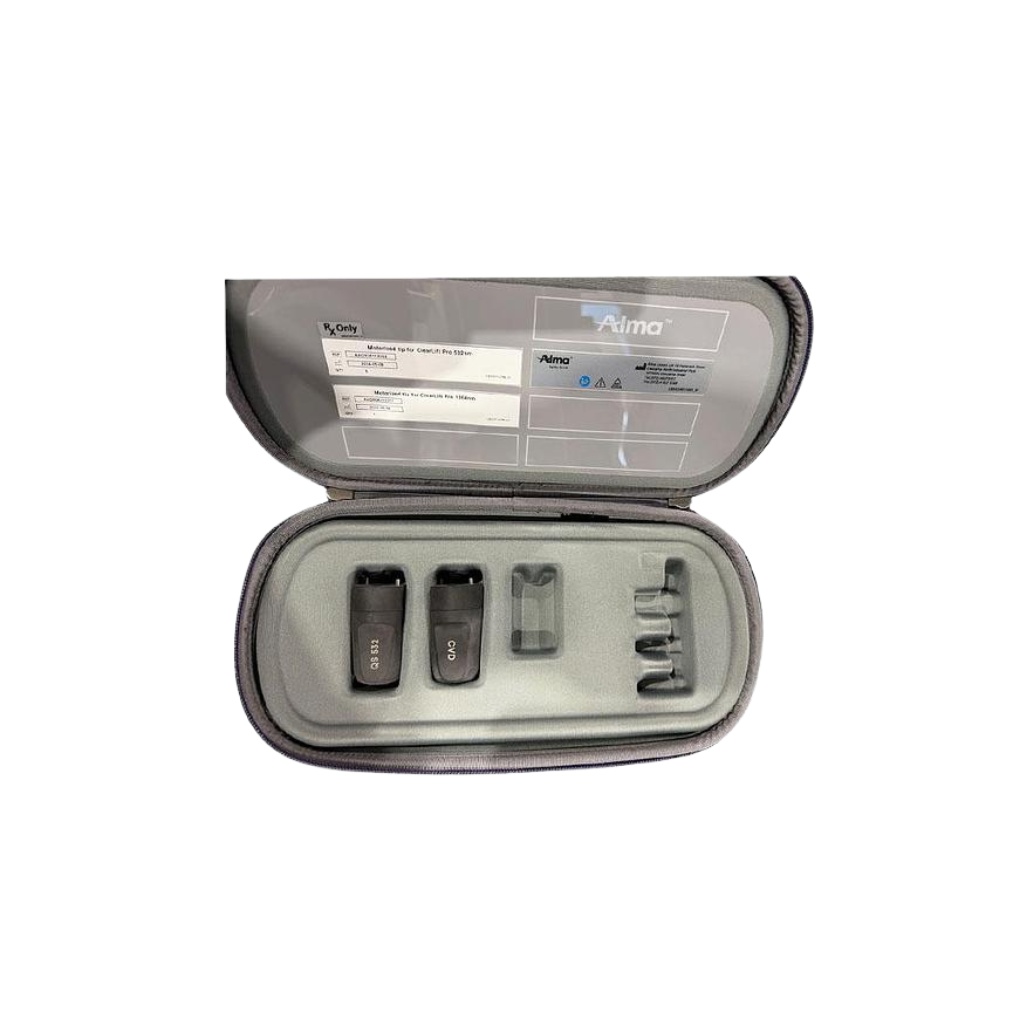 2024 Alma Harmony applicators case view 1 showing an open black carrying case with foam insert holding small applicator handpieces and tips