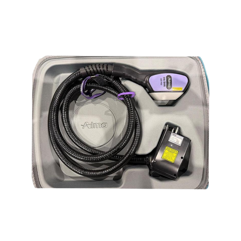 2024 Alma Harmony controller view 2 showing the controller and connector cable packaged alongside light-colored applicator heads